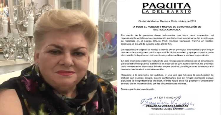 Paquita la del barrio suspende concierto por malentendido